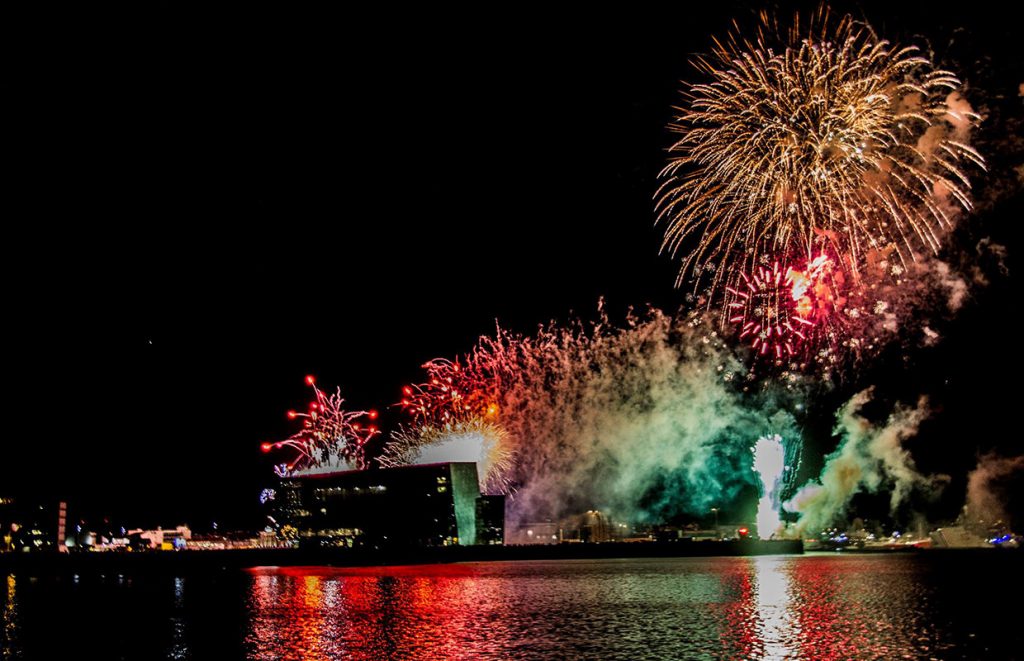 Amazing fireworks display over Reykjavik City, Iceland